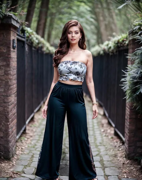 cinematic photo realistic,  Dutch angle, intricate details, a  27 years old woman wearing Strapless Top, formal wear and (Palazzo pants: Extremely wide-legged trousers with a loose, flowing design.),  <lora:quiron_TeraPatrick_v1_Lora:1> TeraPatrickQuir woman, . 35mm photograph, film, bokeh, professional, 4k, highly detailed