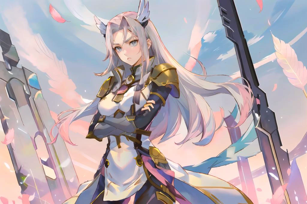 ultra detailed, masterpiece, best quality, <lora:SuperSmashBrosUltimate:0.75> SmashBros Ultimate Style,
solo, cowboy shot, falling feathers, looking down, facing viewer, crossed arms,
serious,
1girl, (white eyes:1.1), (grey eyes:1.3), white hair, very long hair, parted hair, parted bangs, <lora:parted_hair_v1.3:1.3>, medium breasts,
valkyrie, (bodysuit:1.1), pink wing hair ornament, grey armored skirt, black bodysuit, armor, gauntlets, pink breastplate, greaves, armored dress, pink hues,