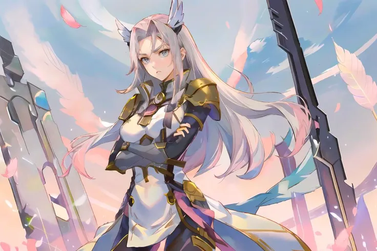 ultra detailed, masterpiece, best quality,  <lora:SuperSmashBrosUltimate:0.75> SmashBros Ultimate Style,
solo, cowboy shot, falling feathers, looking down, facing viewer, crossed arms, 
serious,
1girl, (white eyes:1.1), (grey eyes:1.3), white hair, very long hair, parted hair, parted bangs, <lora:parted_hair_v1.3:1.3>, medium breasts,
valkyrie, (bodysuit:1.1), pink wing hair ornament, grey armored skirt, black bodysuit, armor, gauntlets, pink breastplate, greaves, armored dress, pink hues,