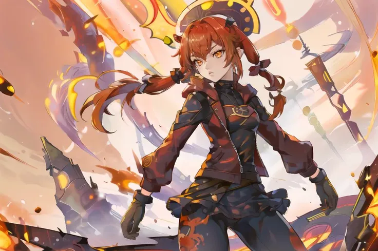 anime girl with long red hair and a sword in front of a fire