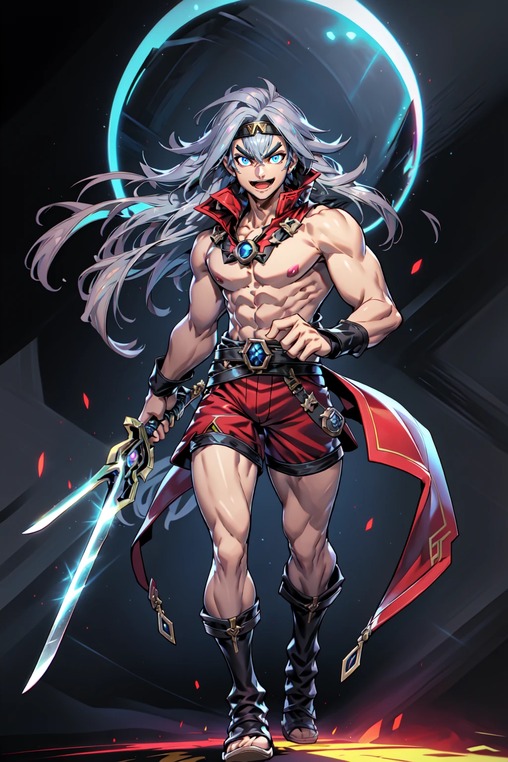 <lora:SuperSmashBrosUltimate:0.8> 1boy, male focus, solo, :d, black eyes, blue eyes, fighting stance, full body, glowing eyes, goggles, grey hair, helmet, holding, jewelry, looking at viewer, red shorts, running, smashbros ultimate style, sword, thick eyebrows, tiara, topless male, very long hair, weapon