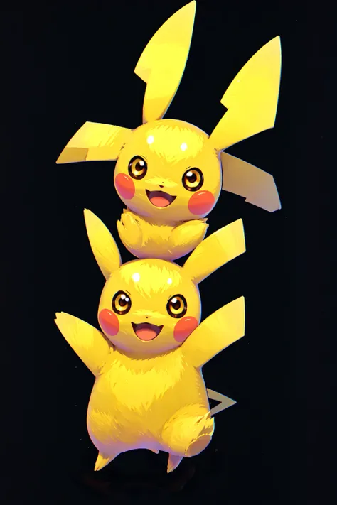 <lora:SuperSmashBrosUltimate:0.8> SmashBros Ultimate Style, smile, open mouth, simple background, brown eyes, :d, no humans, happy, black background, clothed pokemon, Pikachu