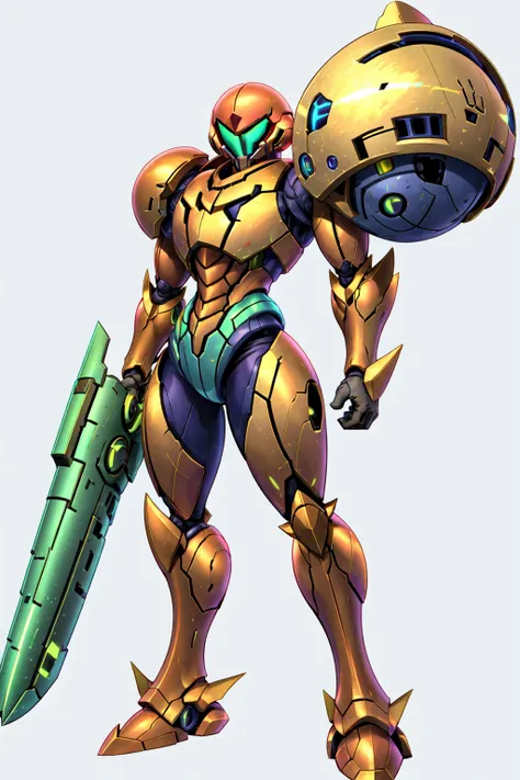 <lora:SuperSmashBrosUltimate:0.8> SmashBros Ultimate Style, no humans, solo, simple background, white background, standing, full body, weapon, armor, helmet, arm cannon, power armor, power suit (metroid)