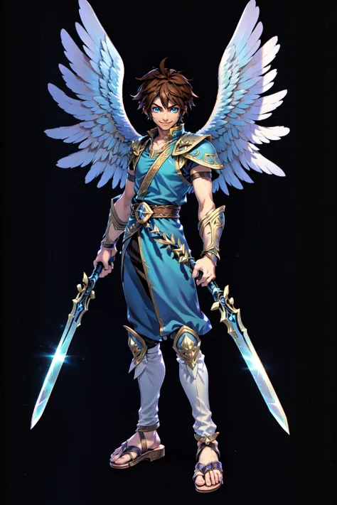 <lora:SuperSmashBrosUltimate:0.8> SmashBros Ultimate Style, solo, looking at viewer, smile, blue eyes, simple background, brown hair, 1boy, white background, holding, full body, weapon, male focus, wings, sword, sandals, dual wielding, angel wings, bracer