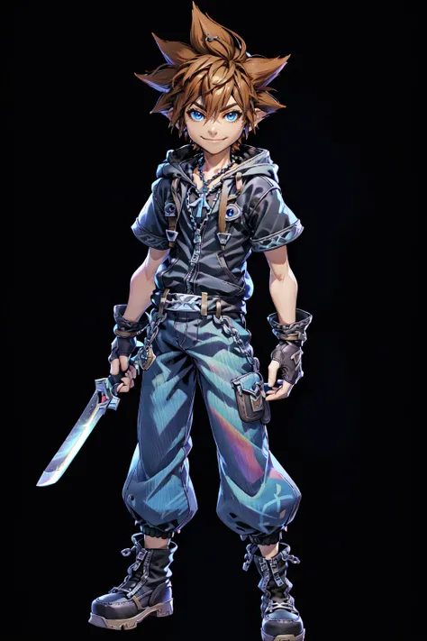 <lora:SuperSmashBrosUltimate:0.8> SmashBros Ultimate Style, solo, looking at viewer, smile, short hair, blue eyes, simple background, brown hair, gloves, 1boy, holding, hair between eyes, jewelry, closed mouth, standing, jacket, full body, weapon, short sleeves, male focus, shoes, pants, sword, hood, fingerless gloves, necklace, black footwear, hoodie, chain, hood down, spiked hair, black background, zipper, outline, zipper pull tab, straight-on, baggy pants, chain necklace, hands on hilt, Sora, Kingdom Hearts, keyblade