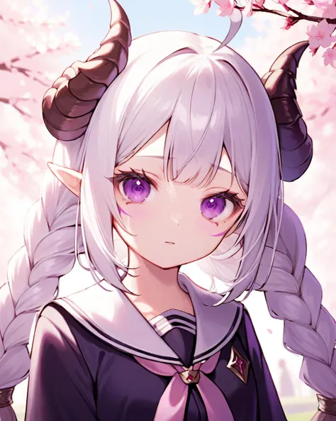 1girl,solo,nyarly,(facial mark),twin braids,purple eyes,white hair,horns,jewelry,horns,bangs,
school uniform,
standing,
upper body,
cherry blossoms,
<lora:nyarly_xl_v1.6-000007:1>,