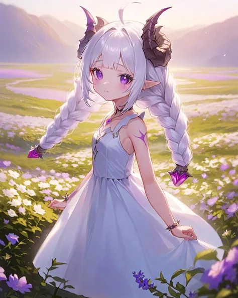 1girl,solo,nyarly,facial mark,twin braids,purple eyes,white hair,horns,jewelry,horns,
white dress,
standing,
outdoors,flower field,<lora:nyarly_xl_v1.6-000007:1>,