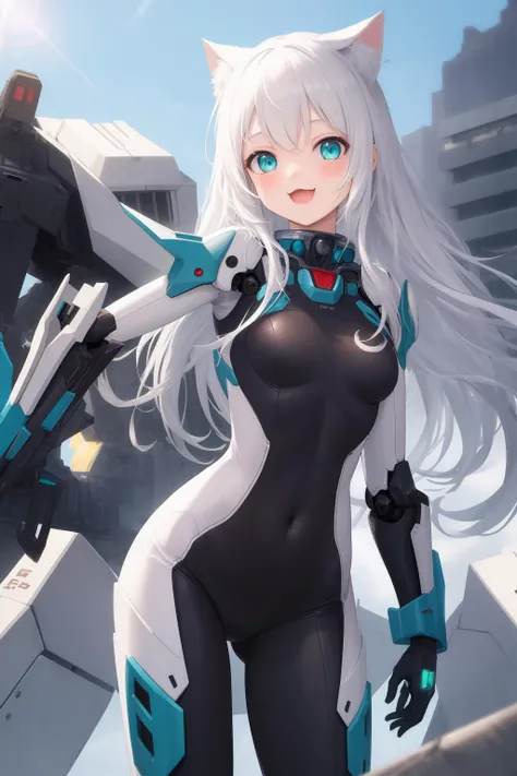 Beautiful silver-haired girl with headphones, Sci-fi action set on Mars in the 2500s, A shiny black bodysuit, Complex patterns that emit light, smile, And blue eyes staring at you. There is.