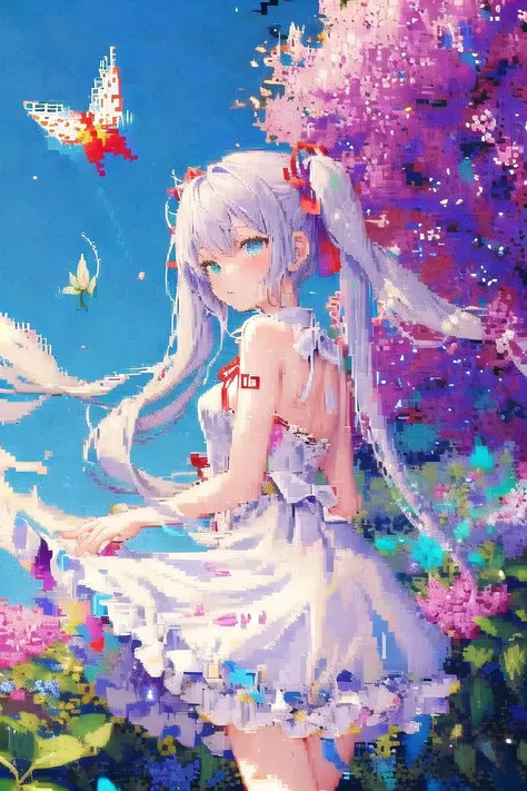 [(pixel art:1.7),(best quality),(Depth of Field:1.2),sunshine,Bloom,(petite:1.3) Beautiful detail sky,(altocumulus),(Chinese Star Jasmine),(flying petal:1.3),(flying butterfly)): ([hatsune miku],girl,(solo:1.4),wet body,Translucent body,(full body),from behind,(looking at viewer:1.1), (twintails:1.2),messy hair,(thick hair:1.2),(very long hair),(flying hair:1.2),long bangs,(Silvery hair:1.4|light purple tresses:1.1), expressionless,(Heterochromatic:1.1|[(one cyan eye:1.1):(one purple eye:1.1):0.5]:1.1),Delicate eyes,blank stare,flat chested,(Slender body:1.4), (Translucent),(White Puff  Sleeve Dress),White Fringe Collar,(White bloomers:1.145141919810),bowties,hair ribbon,neck ribbon):0.7],