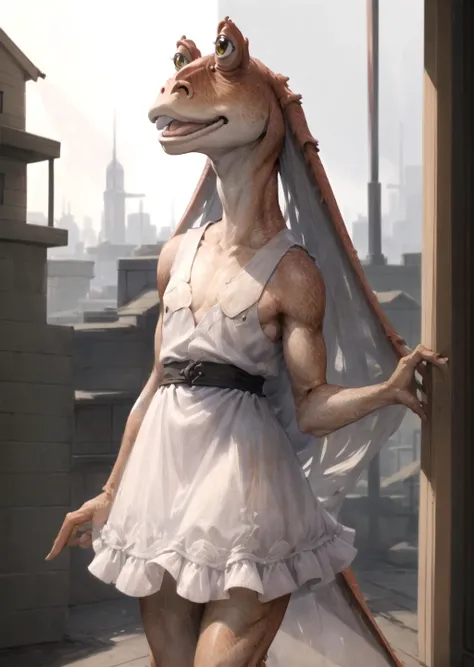 masterpiece, best quality, jar jar binks, otoko no ko, femboy, Beautiful Art Style, white dress, impassioned, city, playing with her hair <lora:jarJarBinksGunganStar_v3:0.6> <lora:femboy:0.8>