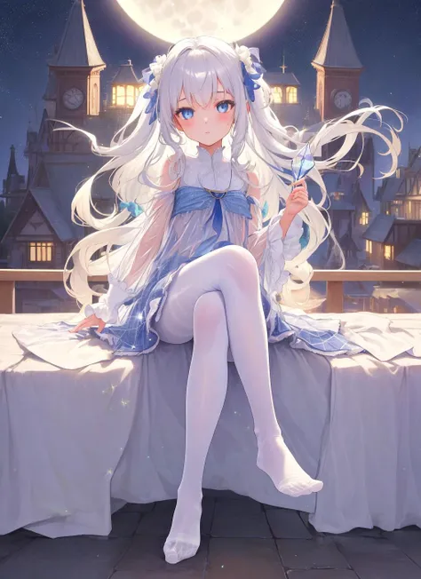 1girl,starry sky, (white shiny (transparency:1.3) crotchless pantyhose), moon, picturesque and aesthetic style,blurry foreground,sparkle,White hair,Blue eyes,no shoe,crossed_legs,