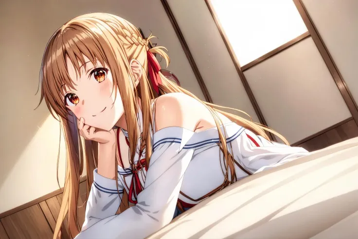 asuna, 1girl, solo, long_hair, smile, bangs, brown_hair, ribbon, bare_shoulders, brown_eyes, closed_mouth, hair_ribbon, braid, shiny, indoors, shiny_hair, white_ribbon, french_braid, meme