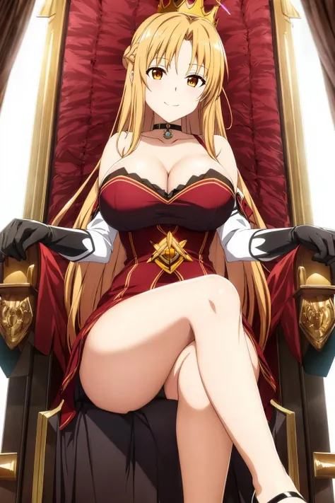 asuna, solo, long_hair, breasts, looking_at_viewer, smile, blonde_hair, large_breasts, gloves, dress, cleavage, bare_shoulders, sitting, very_long_hair, brown_eyes, collarbone, choker, elbow_gloves, crossed_legs, crown, head_rest, yellow_dress, throne, high_heels, black underwear, from_below