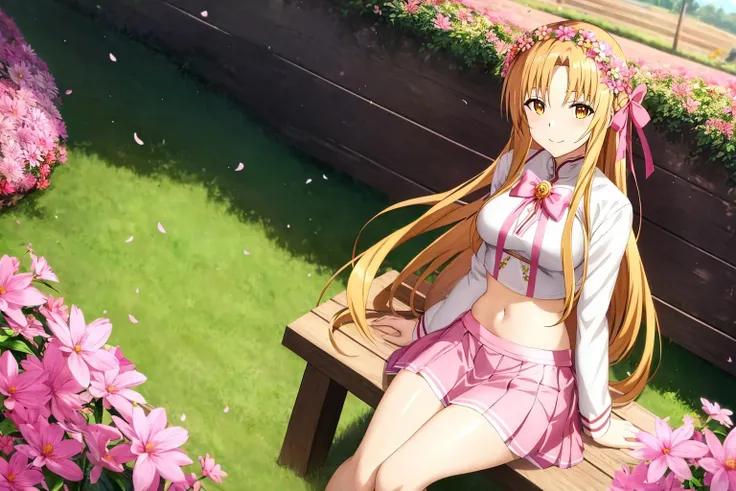 asuna, long_hair, breasts, looking_at_viewer, smile, blonde_hair, brown_eyes, medium_breasts, long_sleeves, kirt, jewelry, sitting, flower, outdoors, midriff, hair_flower, pink_skirt, pink_ribbon, yellow_flower, pink_bikini, head_wreath, flower_field
