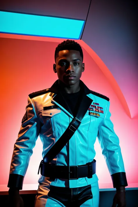 gorgeous natural synthwave color raw photo, (sfw:1.2) latinamerican-congolese 1boy, as a teasing mystic, synthwave (white leather military uniform), synthwave militaristic scene, propaganda, heroic patriotism, bold and resolute, looking at the viewer, (from below:0.6), indoors in a synthwave military bunker with pulp sci-fi facilities, synthwave scene with pulp sci-fi chic, color raw photo, epic character composition, sharp focus, subsurface scattering, f2, 35mm, film grain
