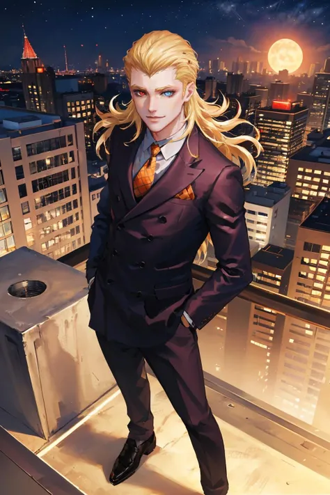 masterpiece, best quality, absurdres, beautiful, high rise building, rooftop, city, night, looking at viewer, smile
<lora:zs_Louis:1> louissmt, formal, suit, necktie, blonde hair, heterochromia, red eyes, blue eyes