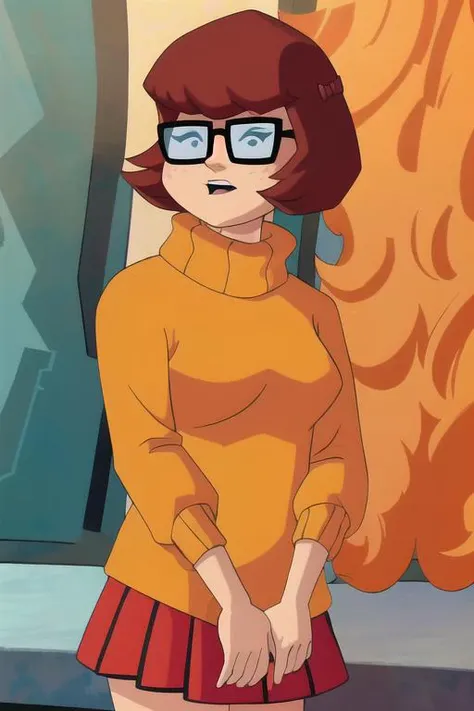 (8k, RAW photo, best quality, masterpiece:1.2), (intricate details), (best quality), (highres), ((perfect eyes)), perfect face, perfect lighting, vivid colors, intense colors, 1girl, cartoon style, velmadinkley, <lora:velmadinkley:0.85>, glasses, orange sweater, solo, red skirt