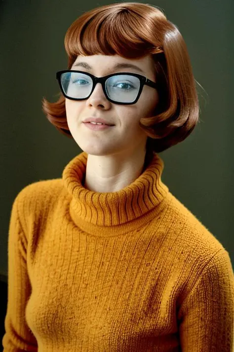 (old color photo) of velmadinkley,rectangular glasses,freckles,red hair,analog style, modelshoot style, 35mm, vignette, intricate detail, film grain, portra,<lora:velmadinkley:0.6>