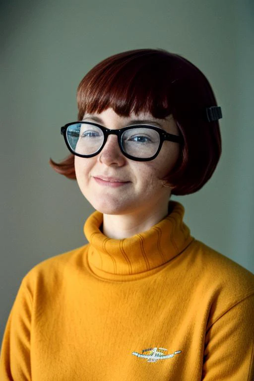 (old color photo) of velmadinkley, glasses,freckles,analog style, modelshoot style, 35mm, vignette, intricate detail, film grain, portra,<lora:velmadinkley:0.6>