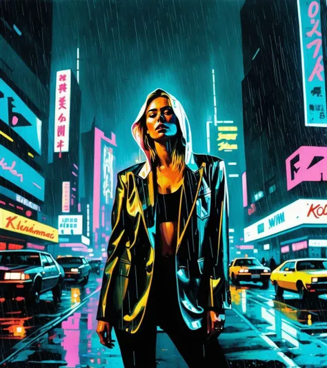 (Maria Sharapova,a girl with a beautiful face), nighttime, cyberpunk city, dark, raining, neon lights, ((Wearing a blazer over a hoodie)), blazer, hoodie,(cyberpunk 2077 cityscape), (cinematic photo, professional photo,<lora:cybergraphic_sdxl:0.5>), cyberpunk 2077, cyberpunk, synthwave, 1980s, futurism, brutalism, neuromancer, cinematic photo, ((art by William Dring)),members of the rebellion,analog, the contrast in colors and textures should be distinct highly detailed, surreal, vibrant yet slightly desaturated, faded film, desaturated, 35mm photo, grainy, vignette, vintage, Kodachrome, Lomography, stained, highly detailed, found footage,art by Jakub Rozalski, 1920+ Poland