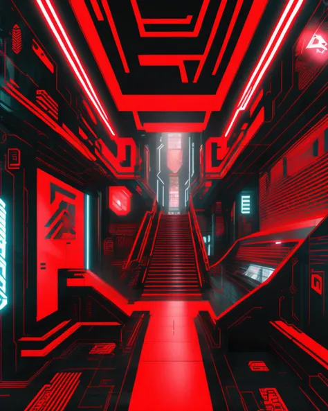 cyberpunk graphics, (( a futuristic looking room with red and black lights , no humans, building, scenery, stairs, city, road ))<lora:cybergraphic_sdxl:1.0>