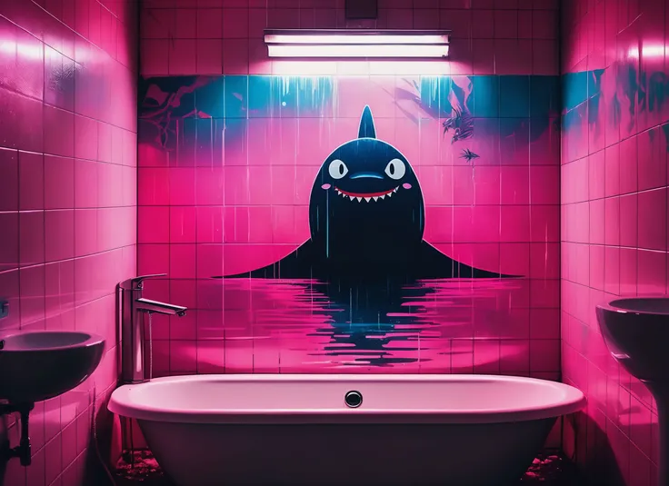 (HENRIETTE), nighttime, cyberpunk city, dark, raining, neon lights , (<lora:cybergraphic_sdxl:0.5>), cyberpunk, synthwave, 1980s, futurism, brutalism, neuromancer, cinematic photo in a bathroom stall, ((pinkfong shark)),art by Jakub Rozalski, 1920+ Poland