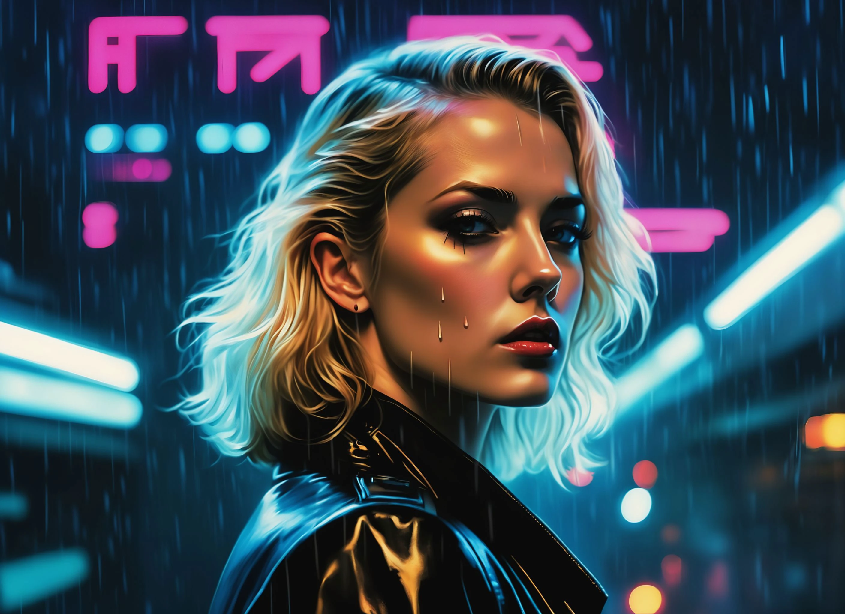(a girl with a beautiful face), nighttime, cyberpunk city, dark, raining, neon lights , (<lora:cybergraphic_sdxl:0.5>), cyberpunk, synthwave, 1980s, futurism, brutalism, neuromancer, cinematic photo in a ship, art by Adrian Tomine,Power girl, supergirl, blonde,looking away from the viewer,