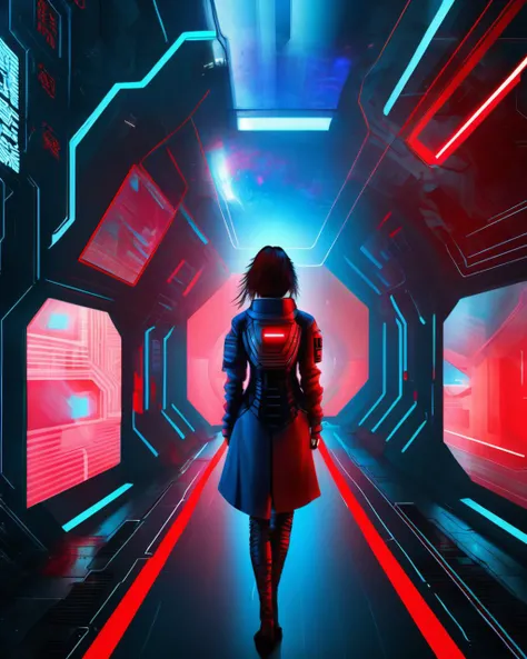 cyberpunk graphics, (( a futuristic space station with red and blue lights , 1girl, solo, standing, from behind, building, scenery, 1other, science fiction, light, road ))<lora:cybergraphic_sdxl:1.0>