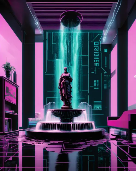 cyberpunk graphics, (( a living room with a statue and a fountain ))<lora:cybergraphic_sdxl:1.0>