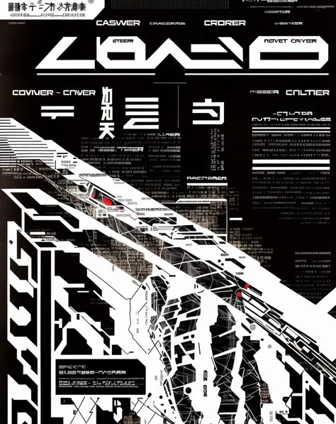 cover magazine, a black and white poster with a lot of information , poster art, computer art, cyberpunk