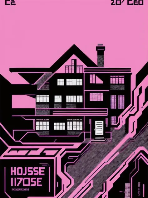 (masterpiece, best quality : 1.2), a black and pink poster of a (house:1.2) , cyber_graphic, architecture <lora:cyber_graphic:0.8>
