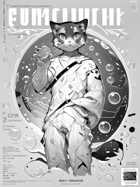 domestic cat, by chung0 0, by null-ghost, by littleblackalas, by [bakemonoy|darkgem|mystikfox61|lostgoose] <lora:Harajuku:1> soap bubbles <lora:Cyber_Graphic_e20:1> monochrome, cover, text