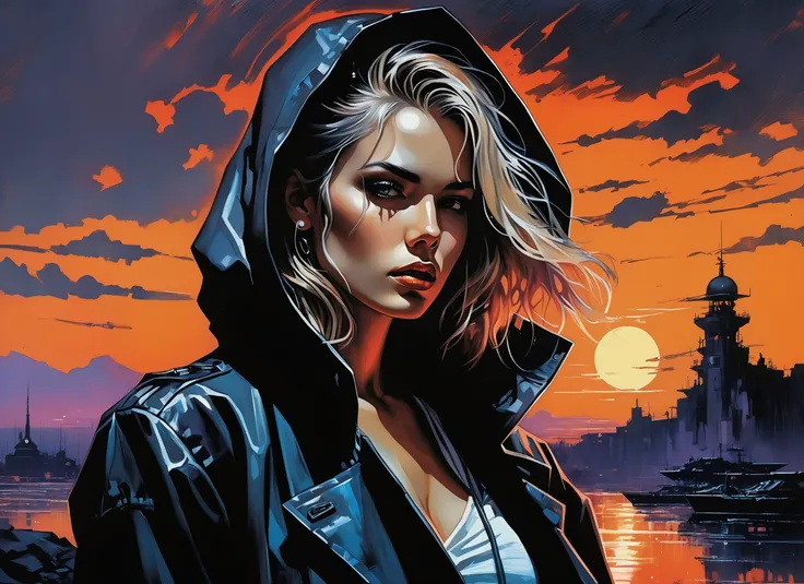 (a girl with a beautiful face), nighttime, cyberpunk city, dark, raining, neon lights ((,Wearing a blazer over a hoodie)), blazer, hoodie, (cinematic photo, professional photo,<lora:cybergraphic_sdxl:0.5>), cyberpunk, synthwave, 1980s, futurism, brutalism, neuromancer, cinematic photo in a fair, Radial balance, Sunrise, Water, Ellipse, ultra detailed, intricate,,art by Masamune Shirow, art by J.C. Leyendecker,art by Jakub Rozalski, 1920+ Poland,Pastels, Chiaroscuro,Amid the ruins of a once-majestic fortress, a soldier pauses, her silhouette ghostly against the backdrop of shifting terrains that oscillate between detailed battle maps and molten landscapes, Tornado, Barren trees, Menacing,