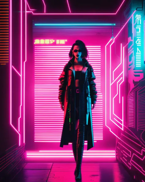 cyberpunk graphics, (( a woman standing in front of a neon light ))<lora:cybergraphic_sdxl:1.0>