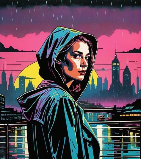 (Claire Danes,a girl with a beautiful face), nighttime, cyberpunk city, dark, raining, neon lights, ((Wearing a blazer over a hoodie)), blazer, hoodie,(cyberpunk 2077 cityscape), (<lora:cybergraphic_sdxl:0.5>), cyberpunk 2077, cyberpunk, synthwave, 1980s, futurism, brutalism, neuromancer, cinematic photo, in Edwardian era England, on the set of Mary Poppins,art by Adrian Tomine,Radial balance, Sunrise, Water, Ellipse, ultra detailed, intricate,,analog, the contrast in colors and textures should be distinct highly detailed, surreal, vibrant yet slightly desaturated, faded film, desaturated, 35mm photo, grainy, vignette, vintage, Kodachrome, Lomography, stained, highly detailed, found footage