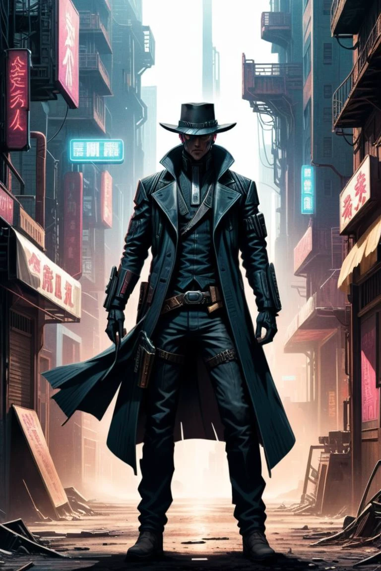 An west comics style illustration of a cyberpunk showdown, gunslinger dressed like (in a wild west:cyberpunk:0.6) movie, tense atmosphere, on a dirty side street of a cyberpunk megapolis <lora:xl_more_art-full_v1:0.5> ZIP2D <lora:cybergraphic_sdxl:1>