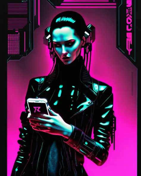 cyberpunk graphics, (( a woman in a black leather outfit holding a cell phone ))<lora:cybergraphic_sdxl:1.0>