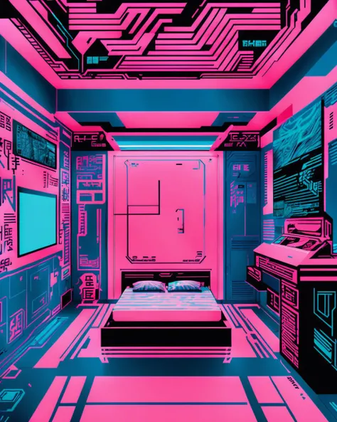 cyberpunk graphics, (( a pink and blue room with a pink ceiling ))<lora:cybergraphic_sdxl:1.0>