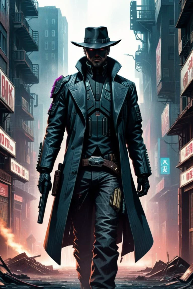 An west comics style illustration of a cyberpunk showdown, gunslinger dressed like (in a wild west:cyberpunk:0.6) movie, tense atmosphere, on a dirty side street of a cyberpunk megapolis <lora:xl_more_art-full_v1:0.5> ZIP2D <lora:cybergraphic_sdxl:1>