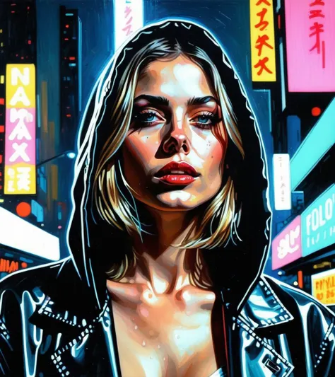 (Willa Holland,a girl with a beautiful face), nighttime, cyberpunk city, dark, raining, neon lights, ((Wearing a blazer over a hoodie)), blazer, hoodie,(cyberpunk 2077 cityscape), (<lora:John Berkey Style:0.5> John Berkey Style ,<lora:cybergraphic_sdxl:0.5>), cyberpunk 2077, cyberpunk, synthwave, 1980s, futurism, brutalism, neuromancer, cinematic photo,, analog, the contrast in colors and textures should be distinct highly detailed, surreal, vibrant yet slightly desaturated, faded film, desaturated, 35mm photo, grainy, vignette, vintage, Kodachrome, Lomography, stained, highly detailed, found footage,Pastels, Chiaroscuro,(small breasts), toned, fit, (21yo), a 25-year-old woman, detailed face, petite figure, detailed skin texture, pale skin, thigh gap,((art by Robin Guthrie))