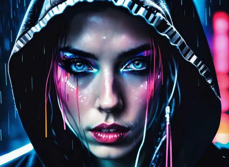(a girl with a beautiful face), nighttime, cyberpunk city, dark, raining, neon lights ((,Wearing a blazer over a hoodie)), blazer, hoodie, (<lora:cybergraphic_sdxl:0.5>,<lora:Neon Night:0.5> Neon Night), cyberpunk, synthwave, 1980s, futurism, brutalism, neuromancer, cinematic photo in austin, intimate close eye contact, intense detailed eyes,,art by Agnes Cecile
