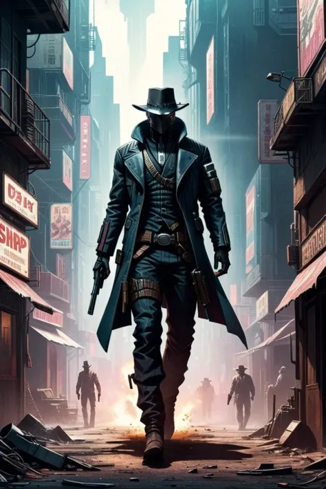 An west comics style illustration of a cyberpunk showdown, gunslinger dressed like (in a wild west:cyberpunk:0.6) movie, tense atmosphere, on a dirty side street of a cyberpunk megapolis <lora:xl_more_art-full_v1:0.5>  ZIP2D  <lora:cybergraphic_sdxl:1>