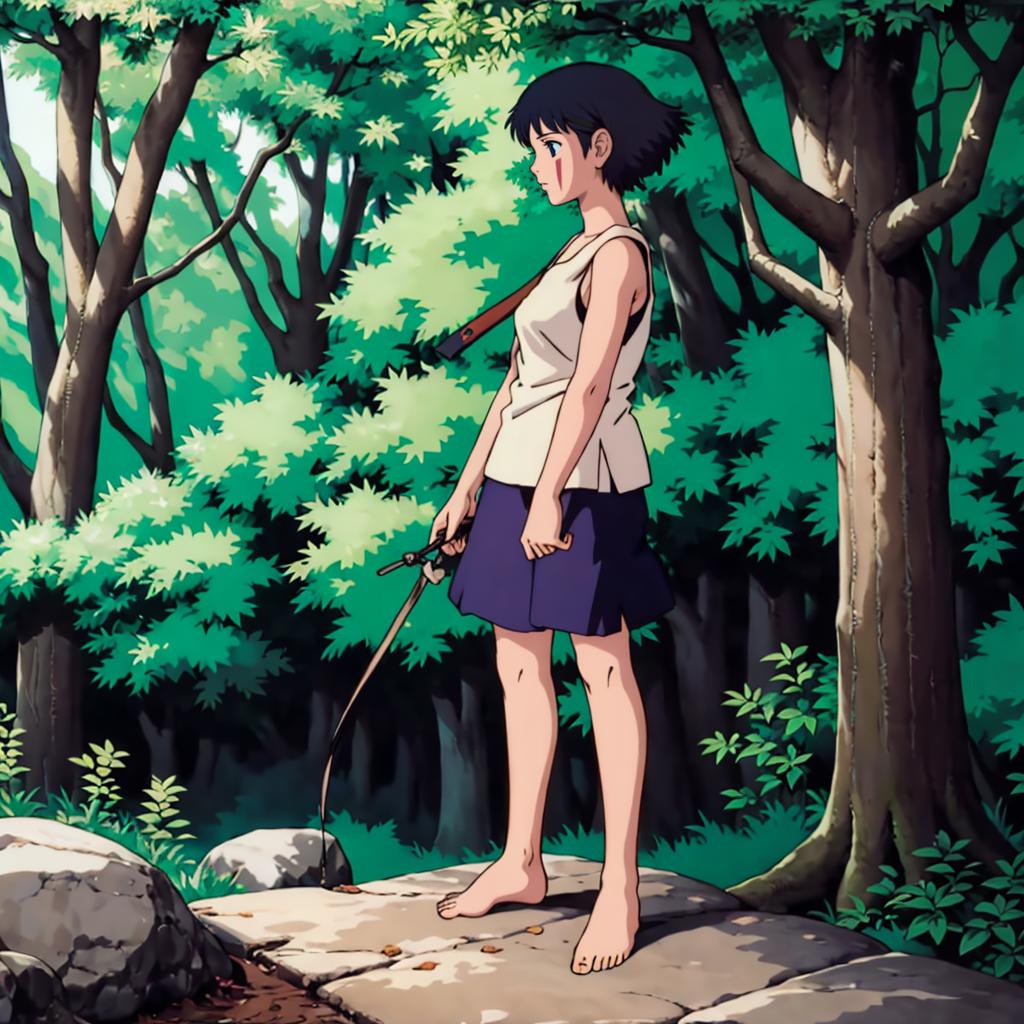 A woman standing on a rock in the woods with a stick - SeaArt AI