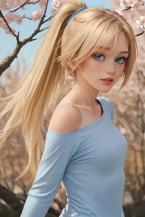 (masterpiece:1.3) (absurdres:1.3) (best quality:1.3) (ultra-detailed:1.3)
from the side, looking at viewer
(slender:1.4) (thin:1.3) (skinny:1.2)
fancy_hairstyle fancy_hairdo (hair_flower) (cherry_blossoms) (forest)
(skintight_shirt, shoulder_cutout)
(very_long_blonde_hair:1.2) (ponytail) ((very_large_blue_eyes:1.3)) (freckles)
<lora:GIRL Hayden Hawkens:1>