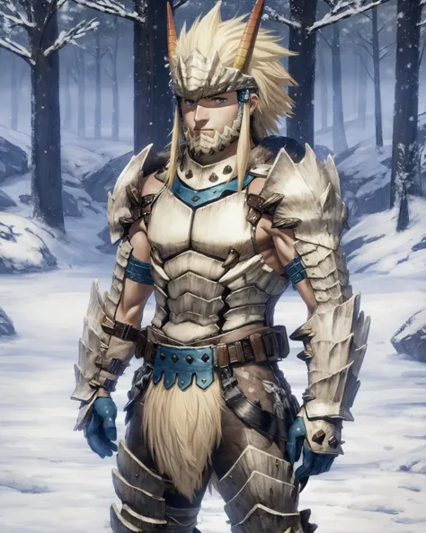 character portrait of a sexy,adult,(male:1.4),(human:1.2),(bariarmorm:1.3),thin,hi res,soft shading,good anatomy,cinematic lighting,by woolrool,crayon \(artist\),buta99,detailed background,outdoors,forest,snow,standing,blonde hair,blue eyes,faceguard,orange horns,