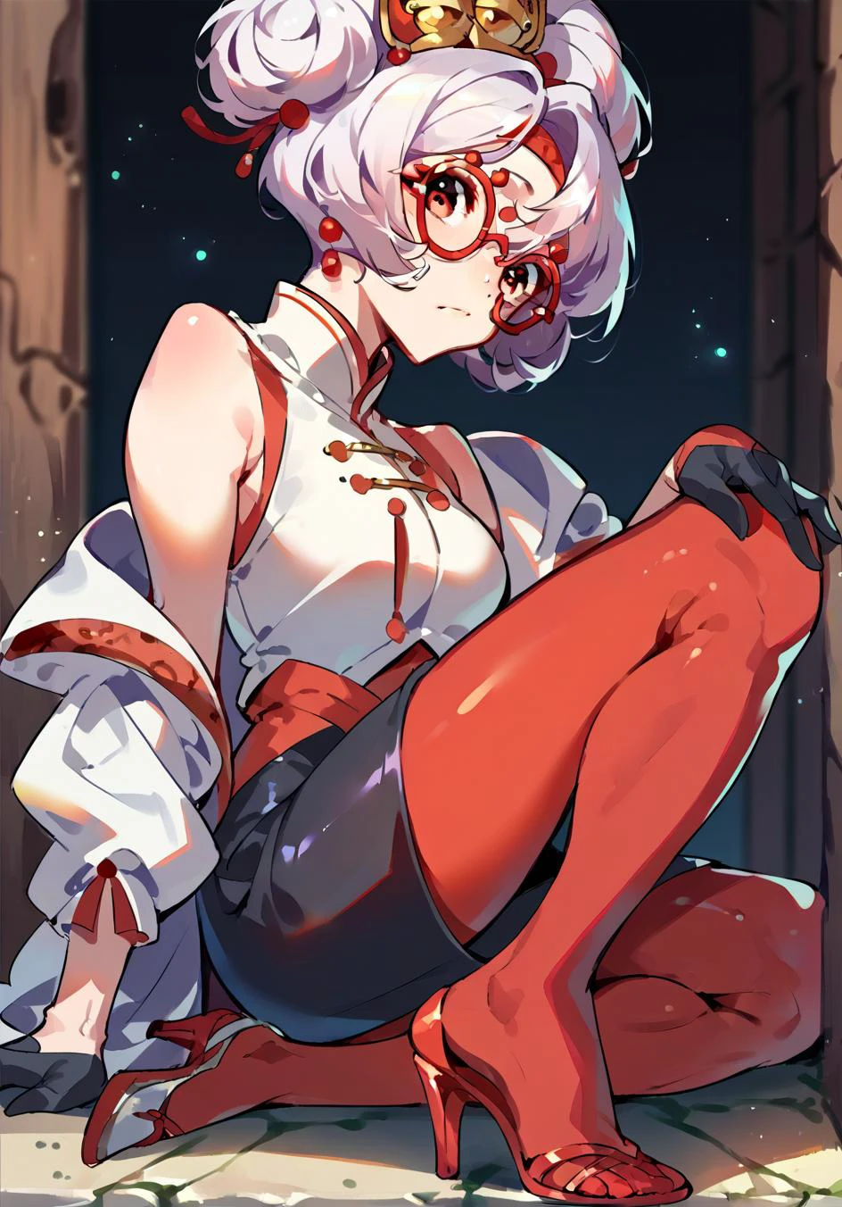 score_9,score_8_up,score_7_up,score_6_up,score_5_up,score_4_up one knee, crabby, <lora:purah-pdxl-nvwls-v1:0.8>, purah,hair ornament,red headband,red glasses,sleeveless shirt,white coat,black skirt,red leggings,gloves,high heels,, <lora:yoneyama_mai_pd:0.8>, yoneyama mai,