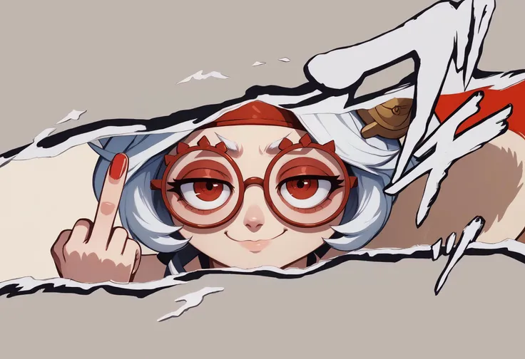 score_9, score_8_up, score_7_up, BREAK IncrsPersonaCutInXL,close-up, simple background,purah,hair ornament, red headband, red glasses, sleeveless shirt,smug,middle finger <lora:PersonaCutIn_XLPD_V2:1.2> <lora:purah-pdxl-nvwls-v1:0.8>