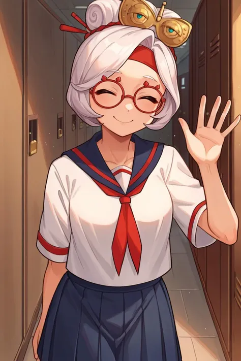 score_9, score_8_up, source_anime, 1girl, solo <lora:purah-pdxl-nvwls-v1-000005:0.8> purah, hair ornament, red headband, red glasses, white shirt, collared shirt, serafuku, blue pleated skirt, looking at viewer, closed eyes, waving, smile, hallway, lockers