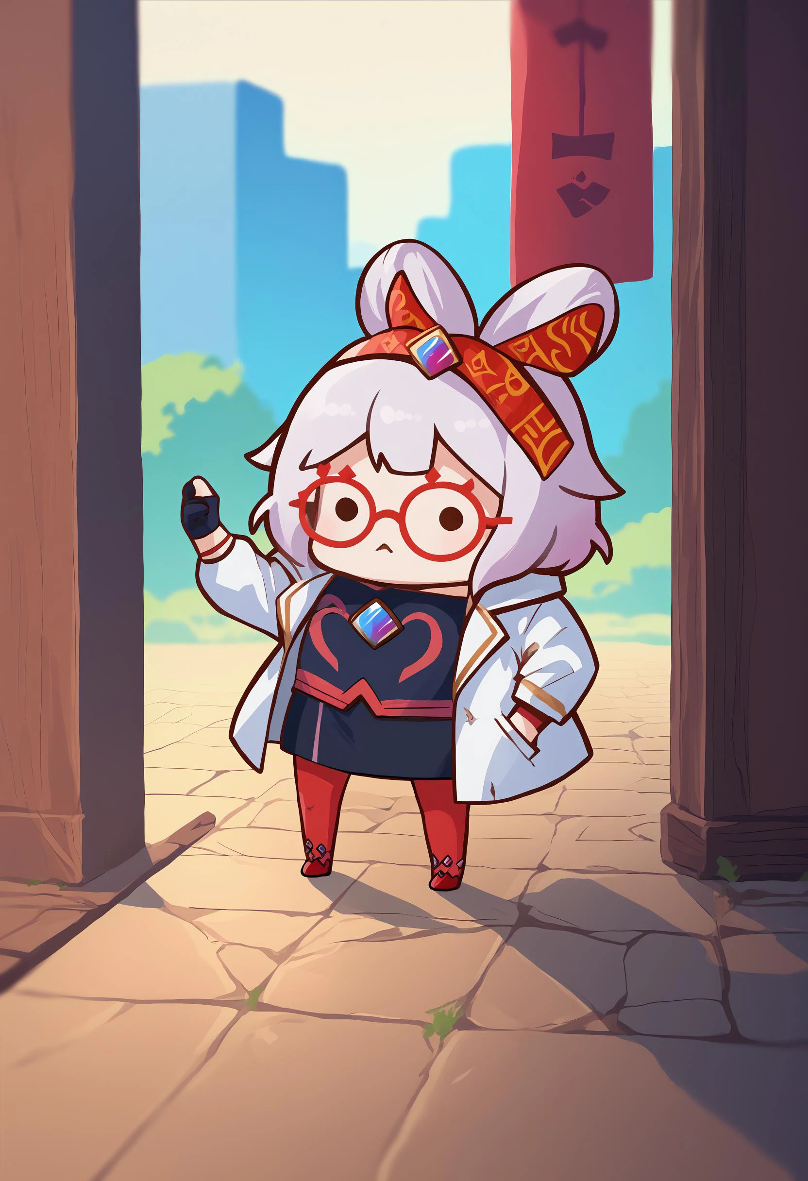 score_9, score_8_up, score_7_up, score_6_up,score_5_up,score_4_up,source_anime BREAK chibi,dot eye,hair ornament, purah,red headband, red glasses, sleeveless shirt, white coat, black skirt, red leggings, gloves, high heels,white hair <lora:Phdpigeon_XLPD:1.2> <lora:purah-pdxl-nvwls-v1:0.8>