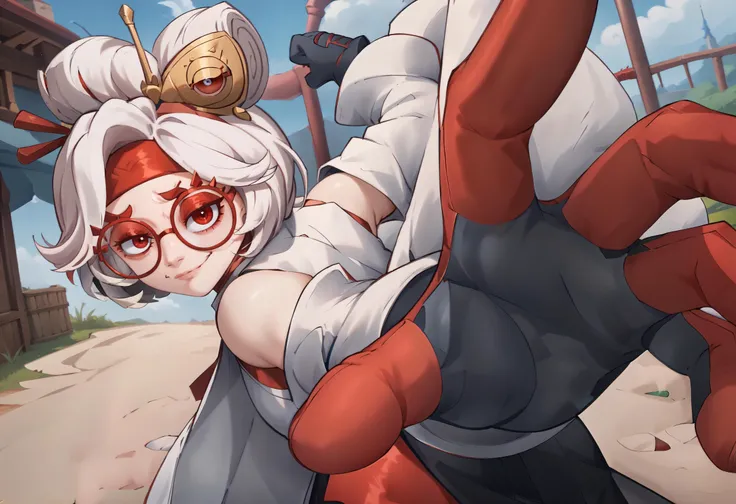 IncrsPunchMeme,incoming punch,purah,hair ornament, red headband, red glasses, sleeveless shirt, white coat, black skirt, red leggings, gloves, ,smug <lora:PepePunchMeme_XLPD:1> <lora:purah-pdxl-nvwls-v1:0.8>